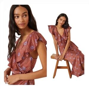 Anthropologie Ruffle Wrap Maxi Dress Rust Floral Dotted Wave Print Small